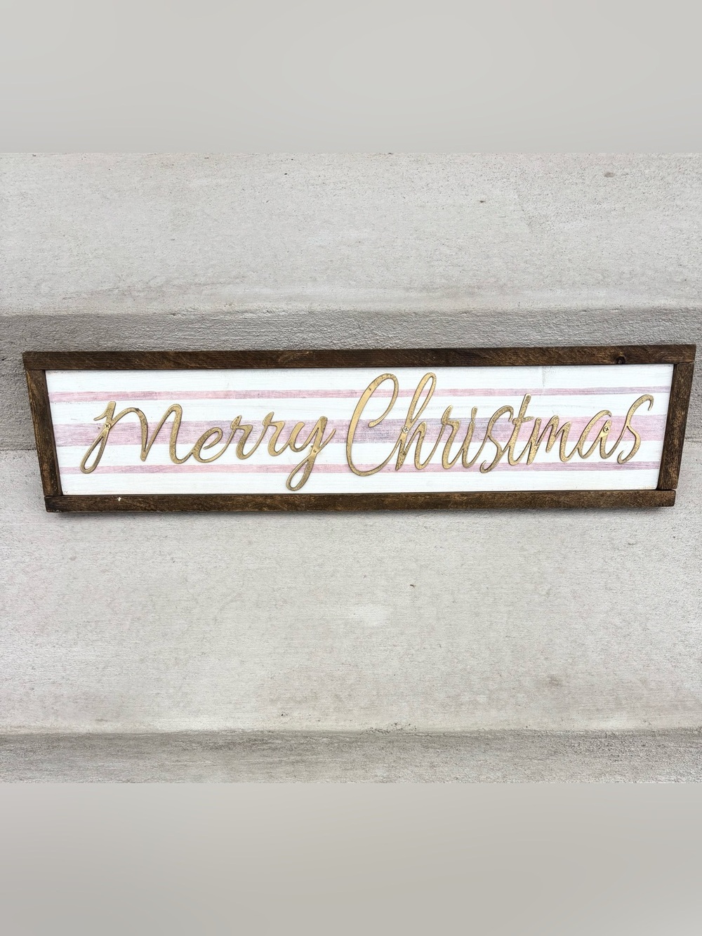 Large Merry Christmas Striped Wood Wall Sign - Gold Script
